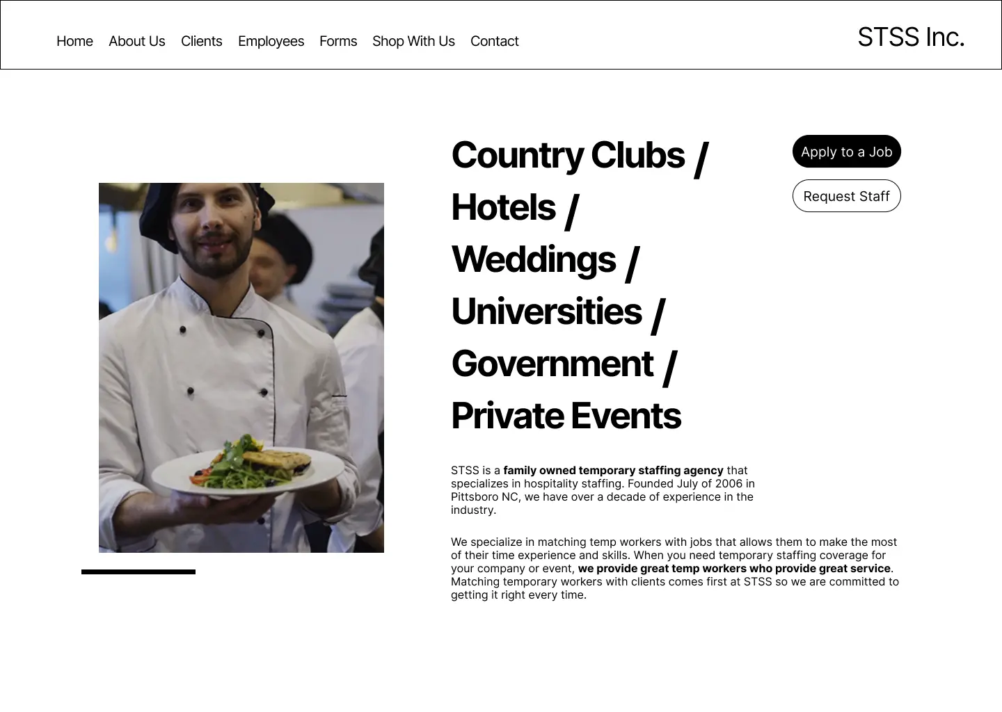 Hero section UI featuring a photo of a chef beside bold service categories and CTA buttons for job seekers and employers.