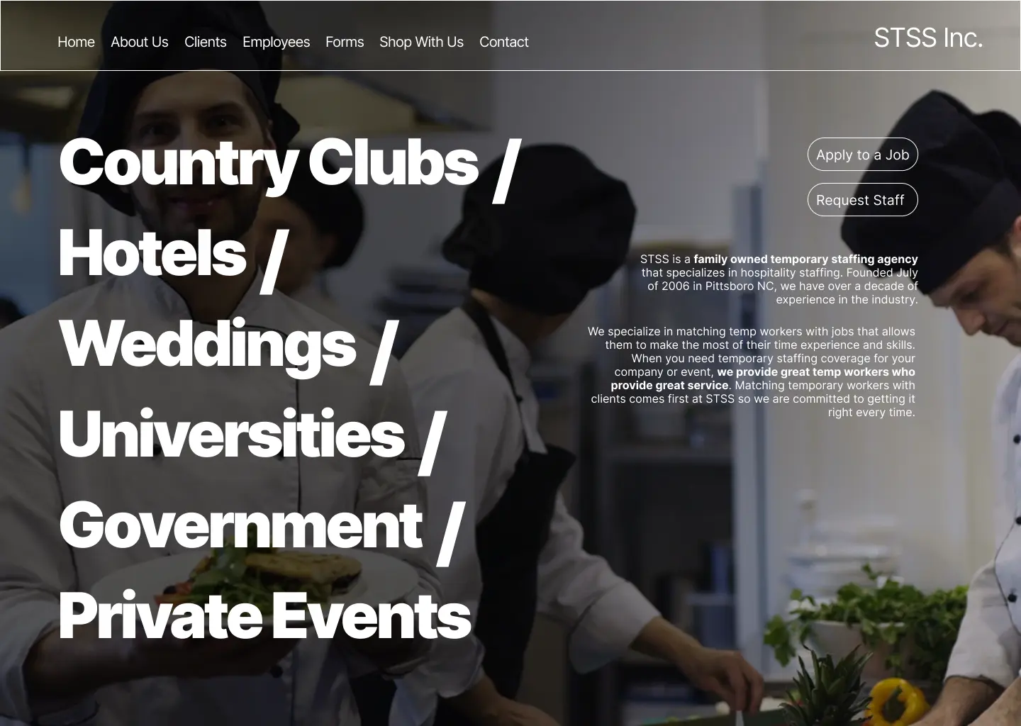 Hero section UI featuring
      a photo of a chef beside bold service categories and CTA buttons for job
      seekers and employers.